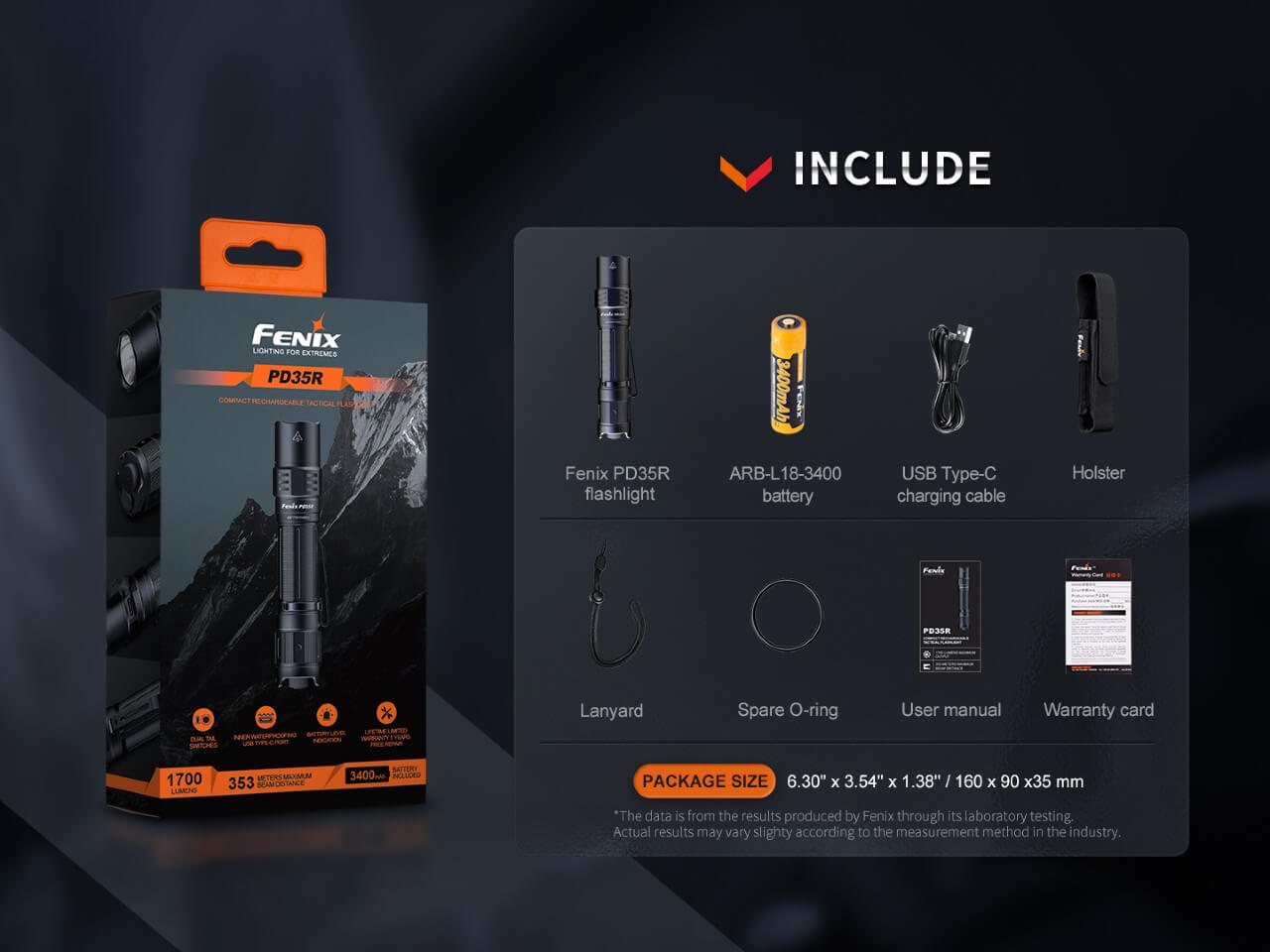 Fenix PD35R compact rechargeable tactical flashlight with a sleek design and ergonomic grip on a white background.
