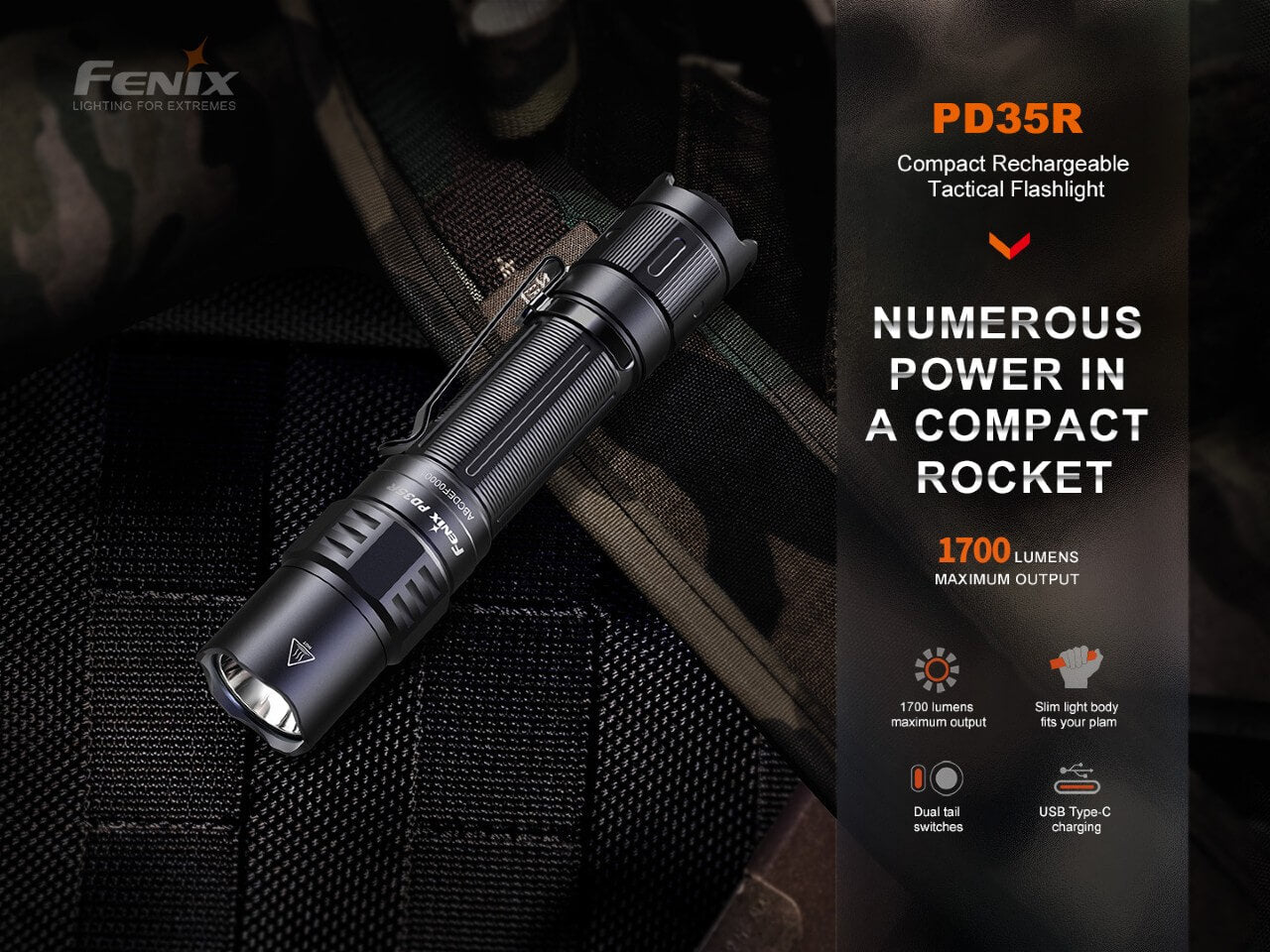 Fenix PD35R compact rechargeable tactical flashlight with a sleek design and bright LED beam.