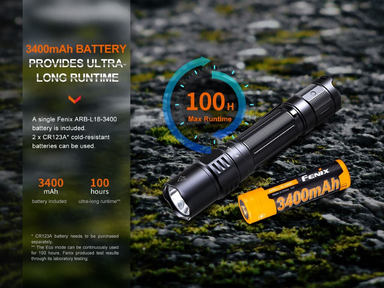 Fenix PD35R compact rechargeable tactical flashlight with runtime details on a dark background.