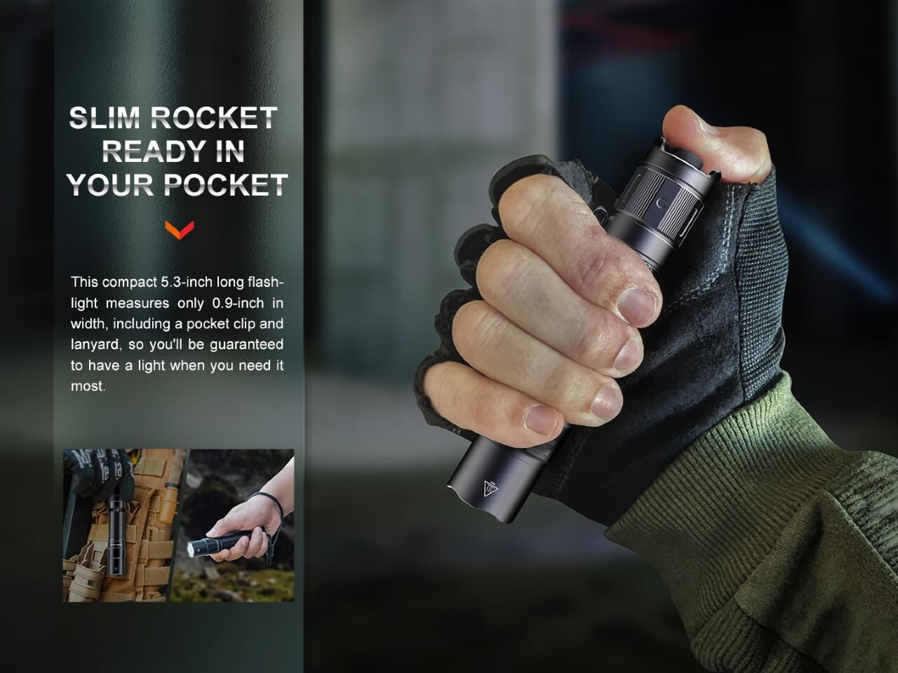 Fenix PD35R compact rechargeable tactical flashlight with slim design and bright LED beam, ideal for outdoor use.