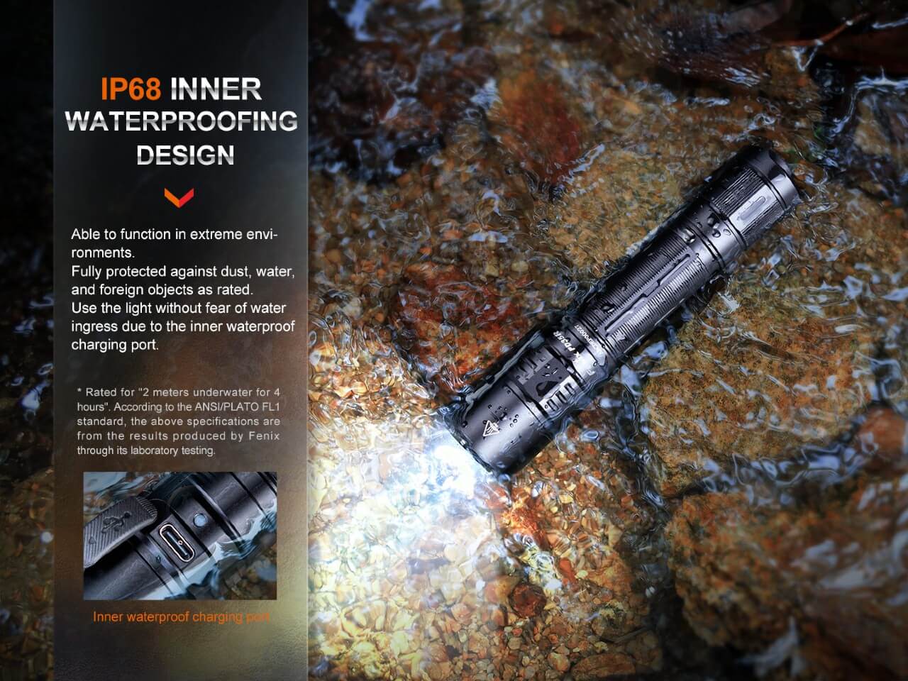Fenix PD35R rechargeable tactical flashlight with compact design and waterproof features, shown in a dark setting.