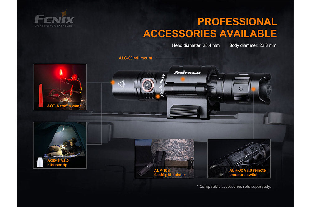Fenix PD35 V3.0 tactical flashlight with accessories, featuring 1700 lumens and compact design for everyday carry.