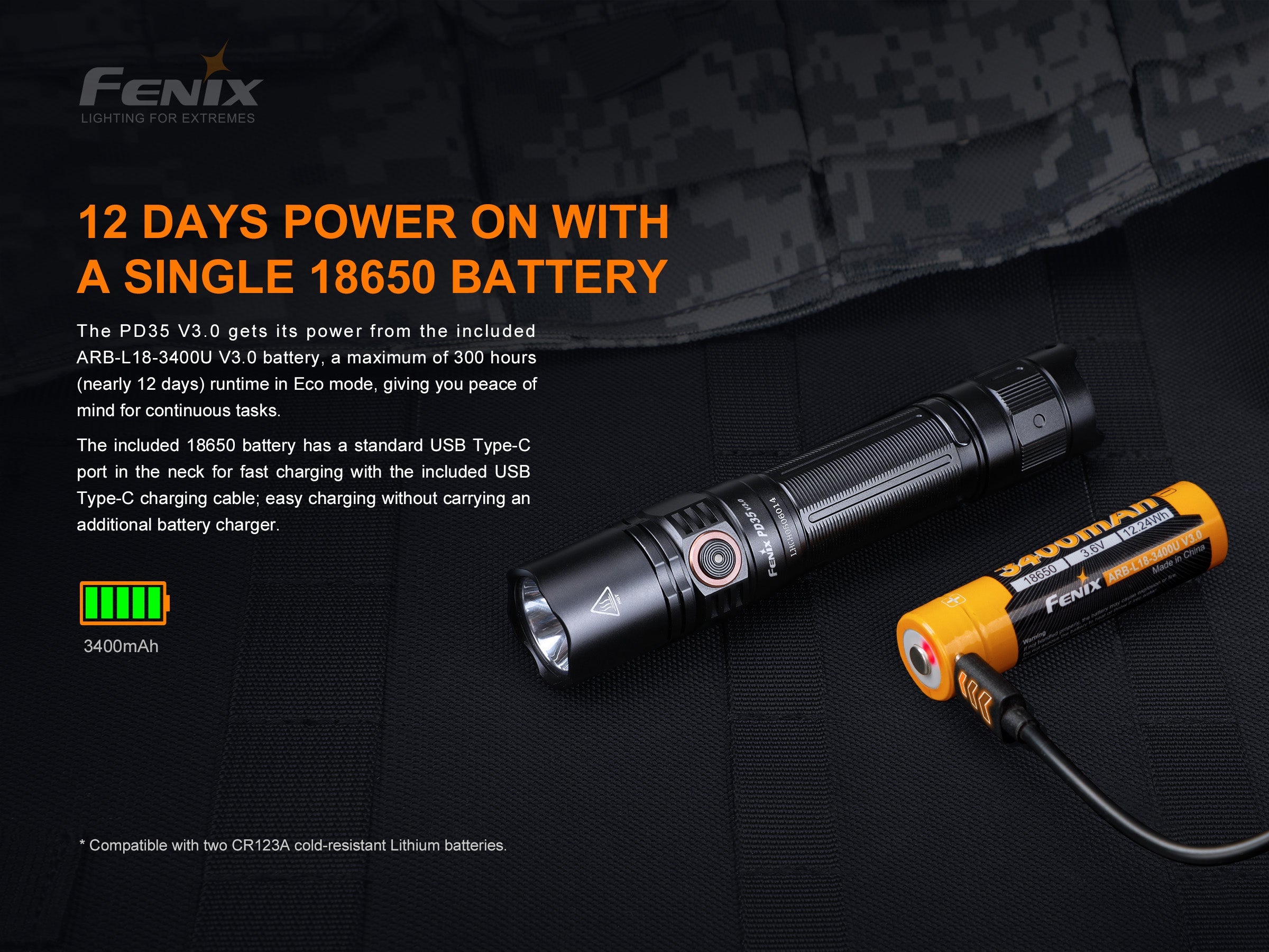 Fenix PD35 V3.0 tactical flashlight with battery, showcasing its compact design and high 1700-lumen brightness.