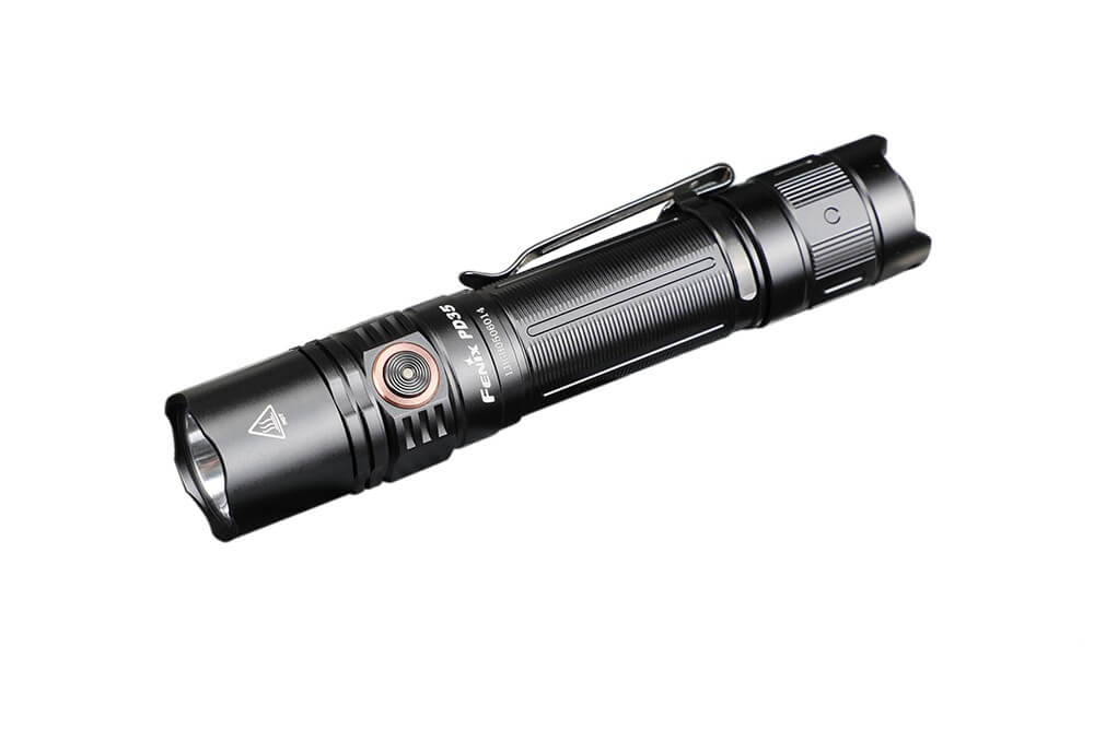 Black Fenix PD35 V3.0 tactical flashlight with 1700 lumens, compact design, and everyday carry capabilities.