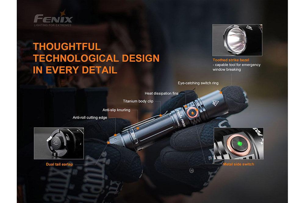 Fenix PD35 V3.0 tactical flashlight with 1700 lumens, compact design, and adjustable beam for everyday carry.