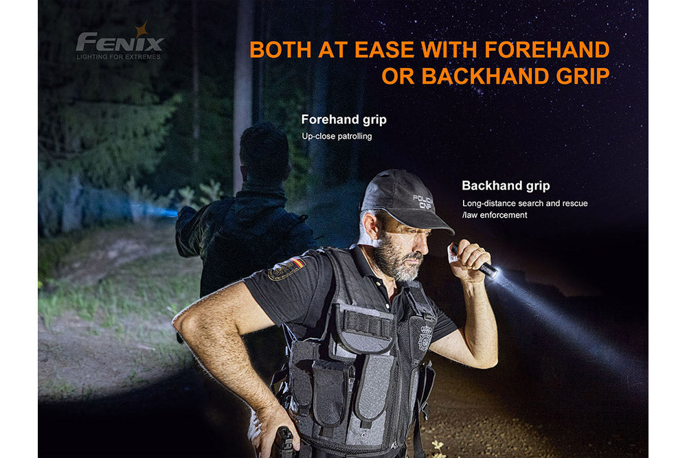Fenix PD35 V3.0 tactical flashlight with textured grip, emitting bright 1700 lumens, designed for everyday carry and outdoor use.