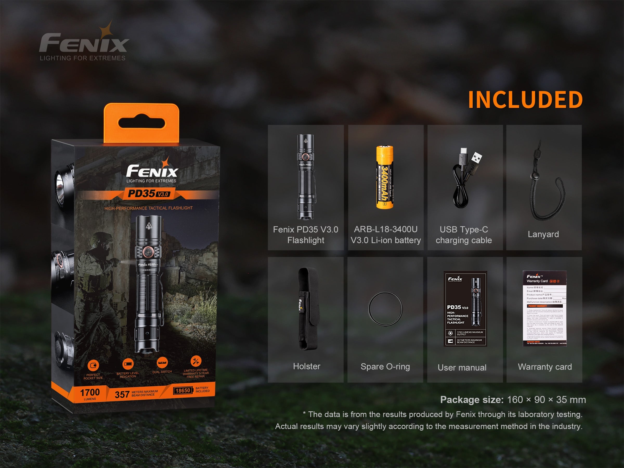 Fenix PD35 V3.0 tactical EDC flashlight with 1700 lumens, black body, turned on with bright beam visible in the image.