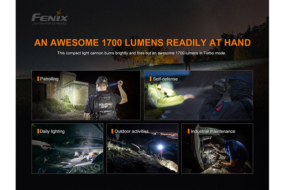 Fenix PD35 V3.0 tactical flashlight with 1700 lumens, compact design, black body, and adjustable focus for everyday carry.