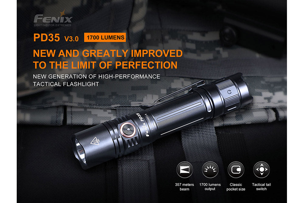 Fenix PD35 V3.0 tactical flashlight with 1700 lumens, black body, compact design, and adjustable beam from the main image.