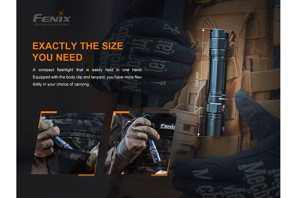 Fenix PD35 V3.0 tactical flashlight with 1700 lumens, compact design, black body, and textured grip for everyday carry.