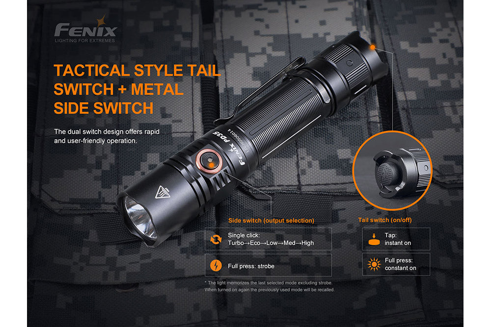 Fenix PD35 V3.0 tactical flashlight with tail switch, 1700 lumens, compact design for everyday carry and outdoor use