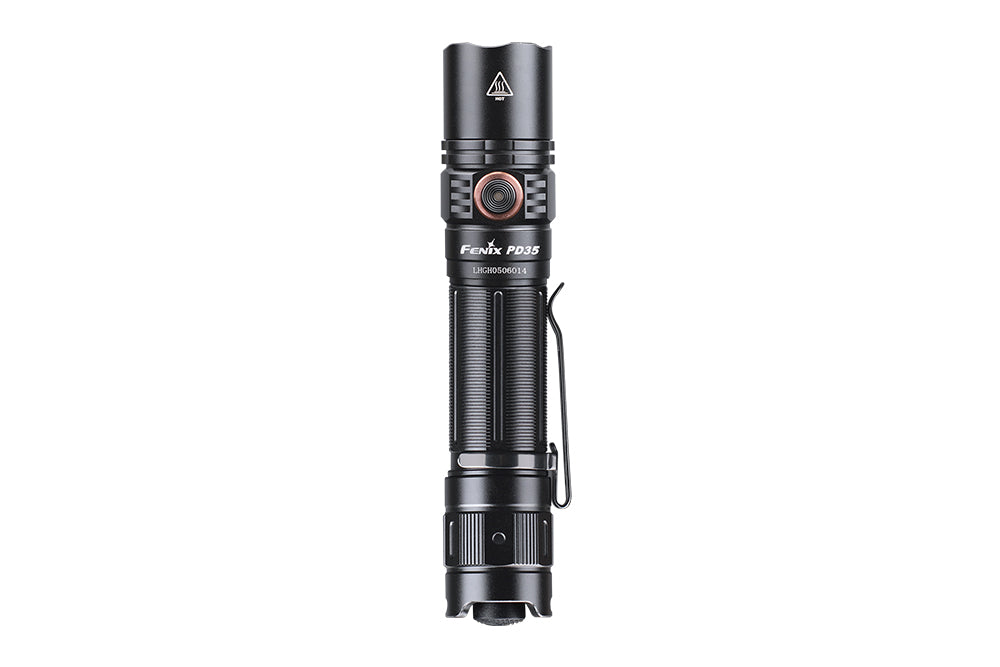 Fenix PD35 V3.0 tactical flashlight with 1700 lumens, top view showing the adjustable focusing bezel and textured grip area.
