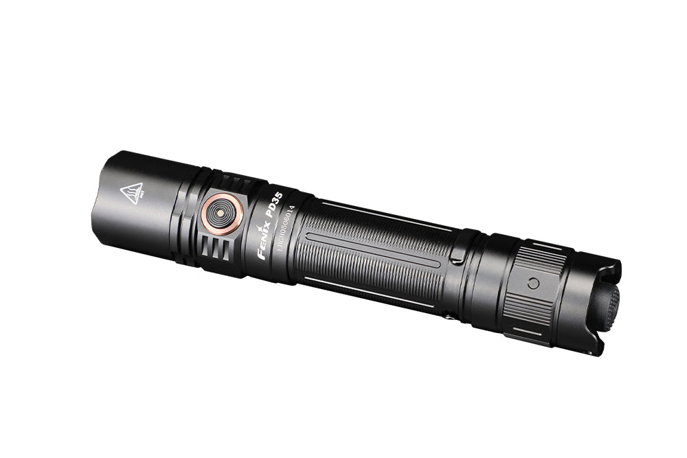 Fenix PD35 V3.0 tactical flashlight showing top and side view with 1700 lumens output, compact and durable design.