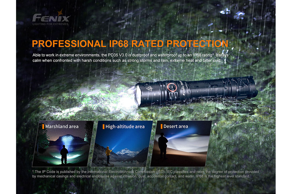 Fenix PD35 V3.0 tactical flashlight showing waterproof design, high brightness 1700 lumens, compact portable carry light.