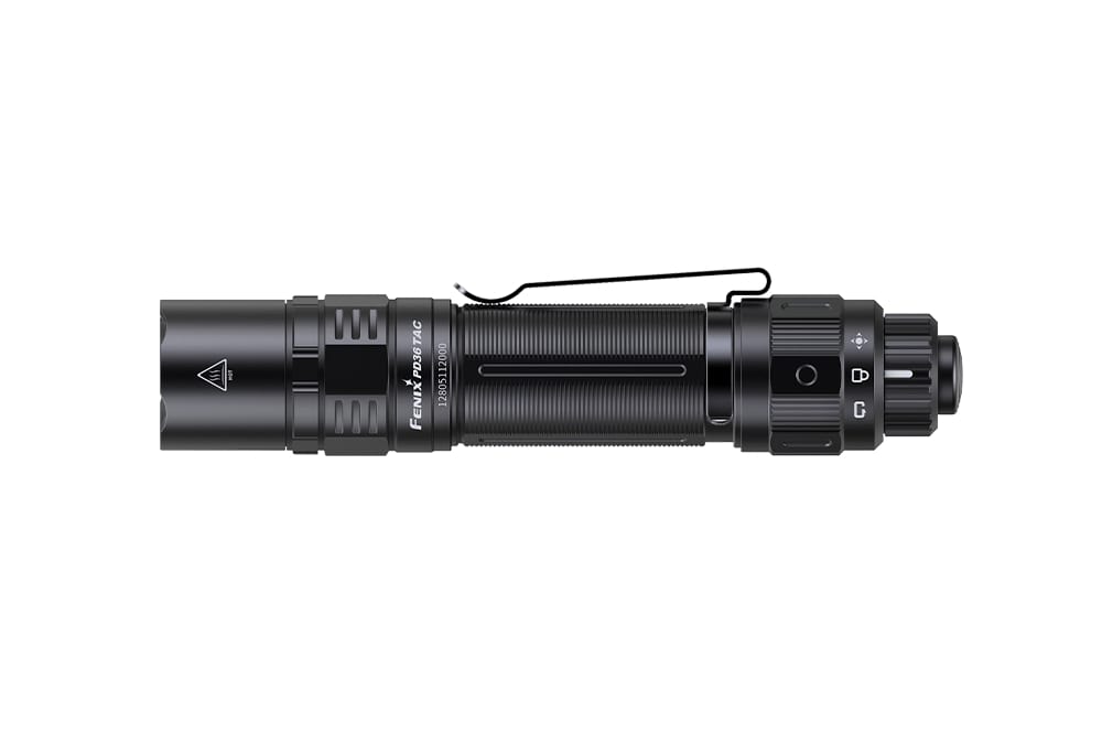 Fenix PD36 TAC Tactical Flashlight with a sleek design and powerful 3000 lumens output, shown from above.