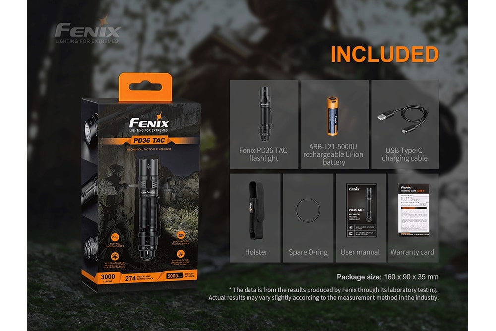 Fenix PD36 TAC Tactical Flashlight with a sleek design and bright 3000 lumens output, ideal for outdoor use.