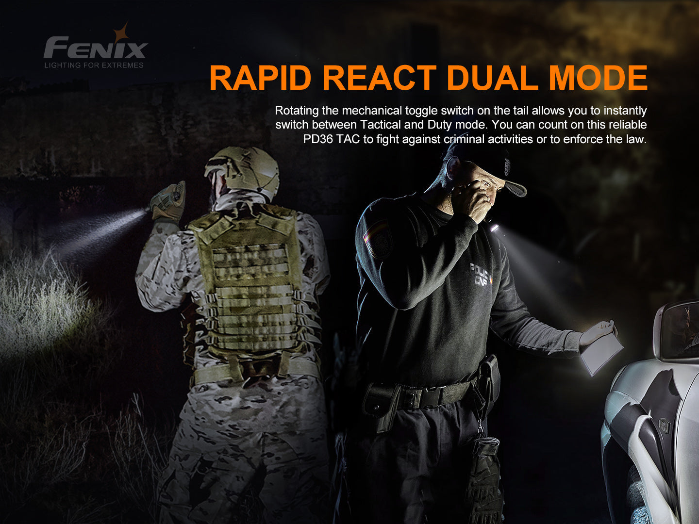 Fenix PD36 TAC tactical flashlight with bright 3000 lumens, showcasing its durable design and multiple lighting modes.