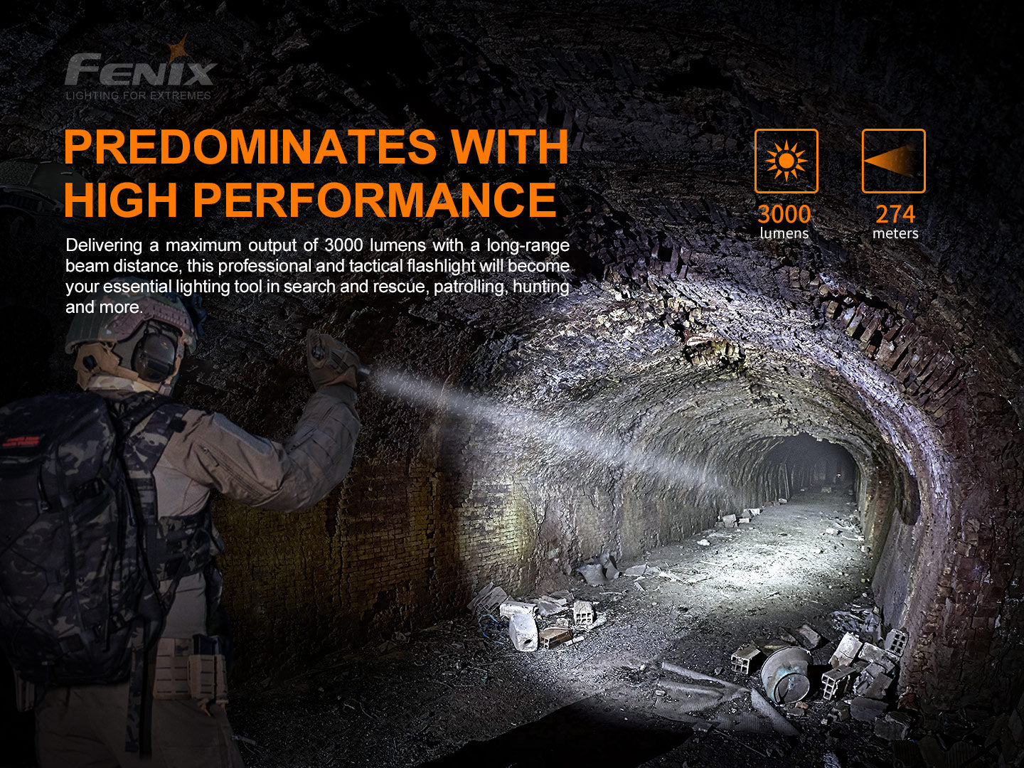 Fenix PD36 TAC tactical flashlight showcasing its powerful 3000-lumen output in a performance setting.