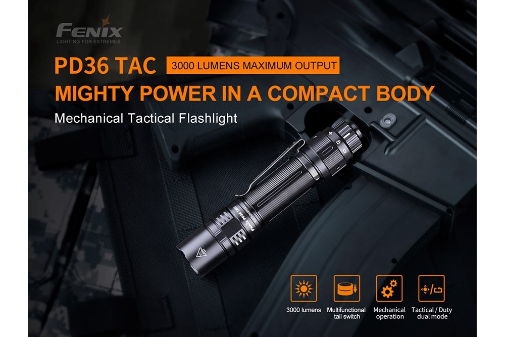 Fenix PD36 TAC tactical flashlight emitting bright 3000 lumens, showcasing its robust design and power features.