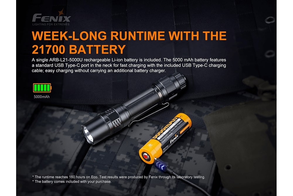 Fenix PD36 TAC Tactical Flashlight with 3000 lumens, showing sleek design and bright light output in a dark setting.