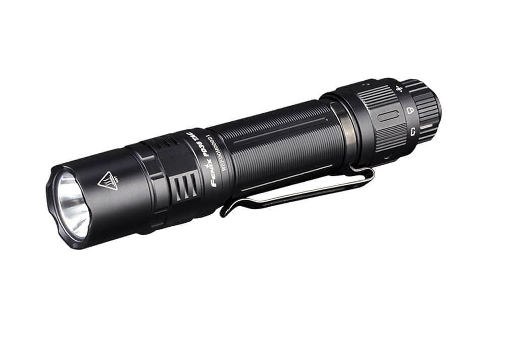 Fenix PD36 TAC tactical flashlight with side view, showcasing its durable design and compact size, emitting 3000 lumens.
