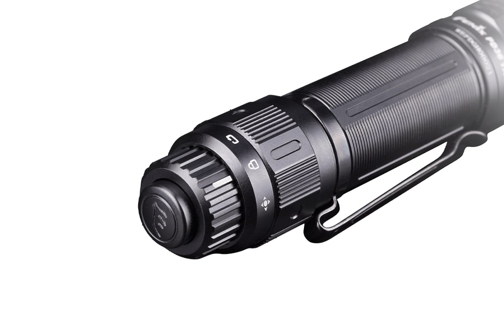 Fenix PD36 TAC tactical flashlight showing the tail switch and sleek design, ideal for high-performance lighting.