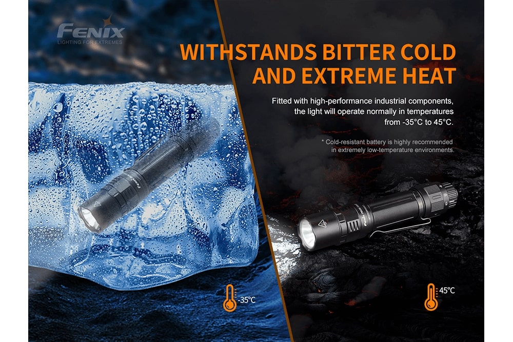 Fenix PD36 TAC Tactical Flashlight with a bright 3000 lumens output, showcasing its sleek design and functional features.
