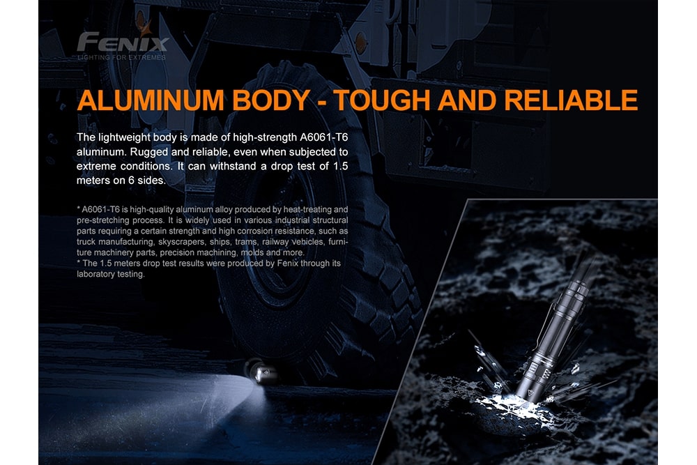 Fenix PD36 TAC tactical flashlight with rugged design, showcasing bright 3000 lumens for outdoor use.