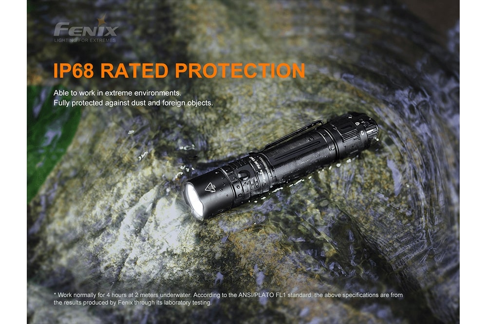 Fenix PD36 TAC Tactical Flashlight with waterproof design and 3000 lumens brightness, showcasing its compact body and features.