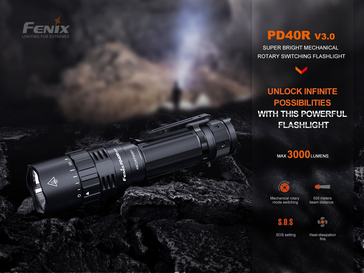 Fenix PD40R V3 tactical flashlight with rechargeable battery, showcasing its sleek design and bright LED beam.