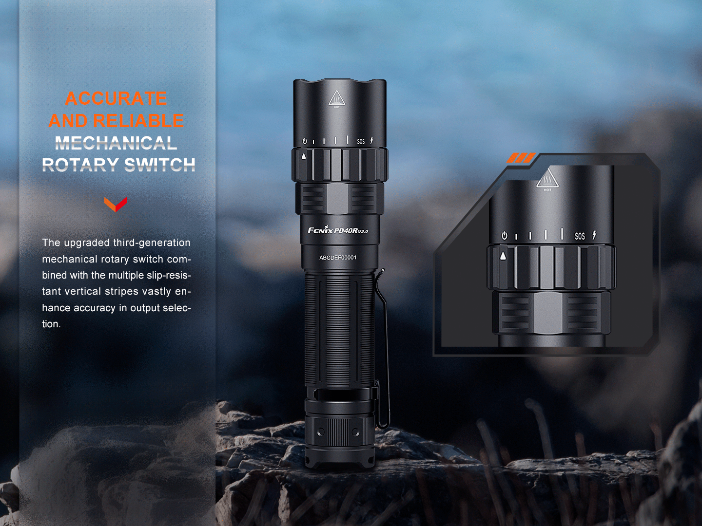 Fenix PD40R V3 rechargeable tactical flashlight with a sleek design and bright LED beam, ideal for outdoor use.