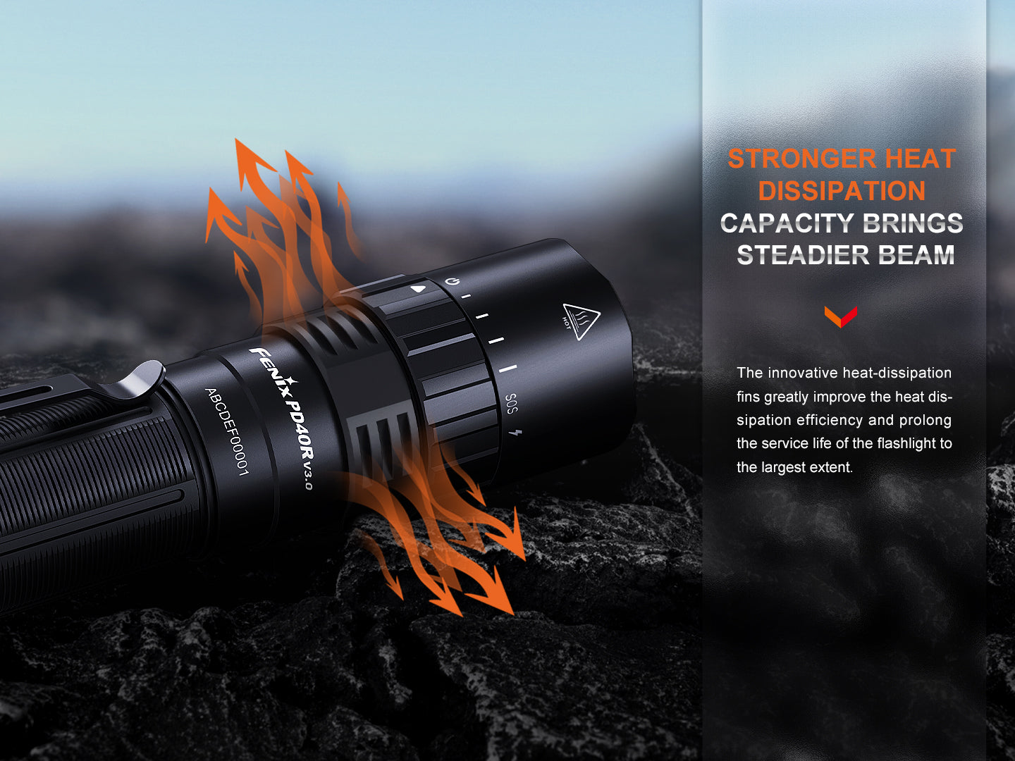 Fenix PD40R V3 tactical flashlight with a sleek design and bright beam, displayed against a dark background.