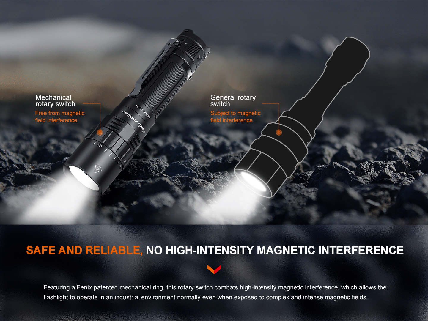 Fenix PD40R V3 rechargeable tactical flashlight showcasing its sleek design and powerful beam in a dimly lit setting.