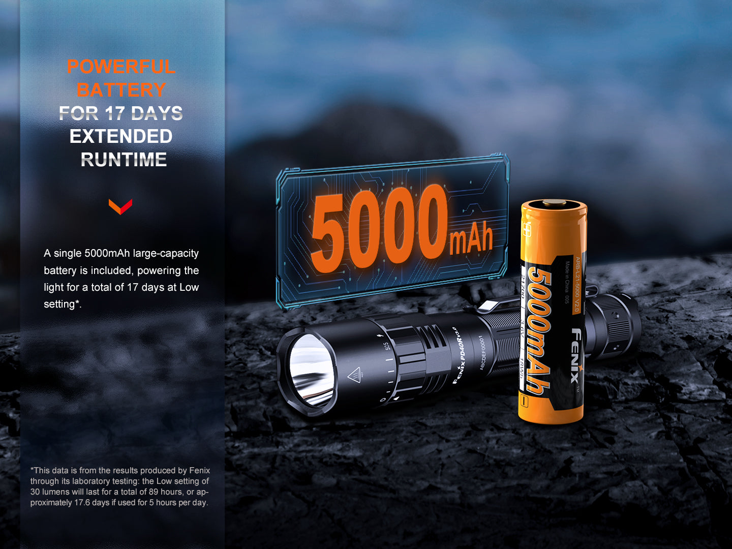Fenix PD40R V3 rechargeable tactical flashlight with a durable design and bright LED beam, ideal for outdoor use.