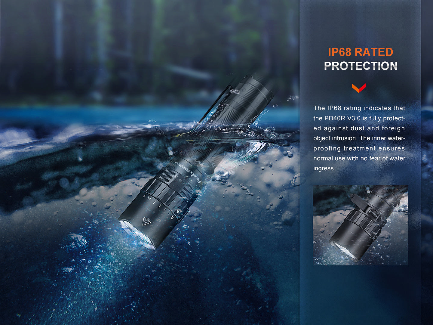 Fenix PD40R V3 rechargeable tactical flashlight with a sturdy design and bright LED beam, ideal for outdoor use.