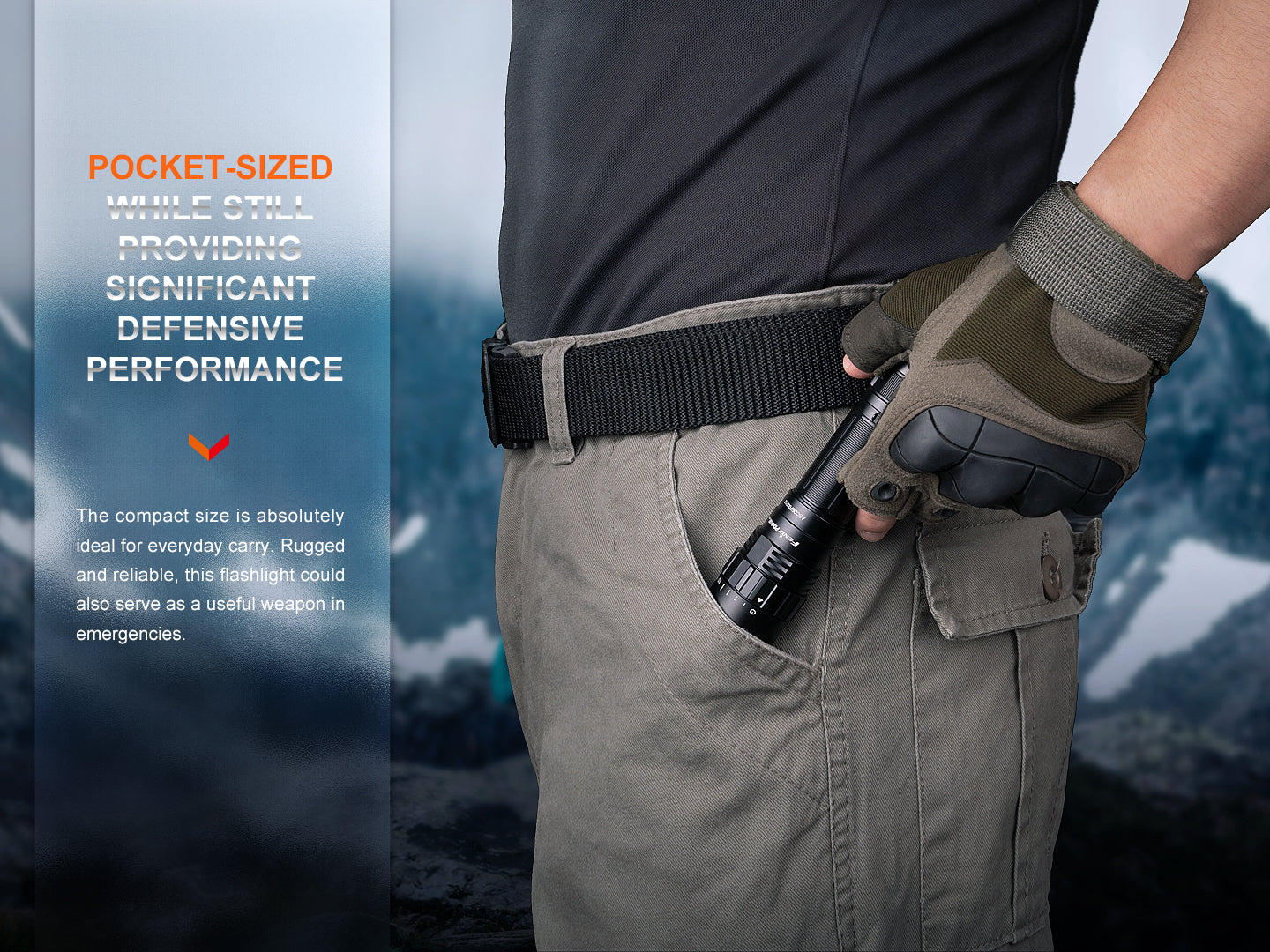 Fenix PD40R V3 tactical flashlight with rechargeable feature, showcasing sleek design and bright LED beam in action.