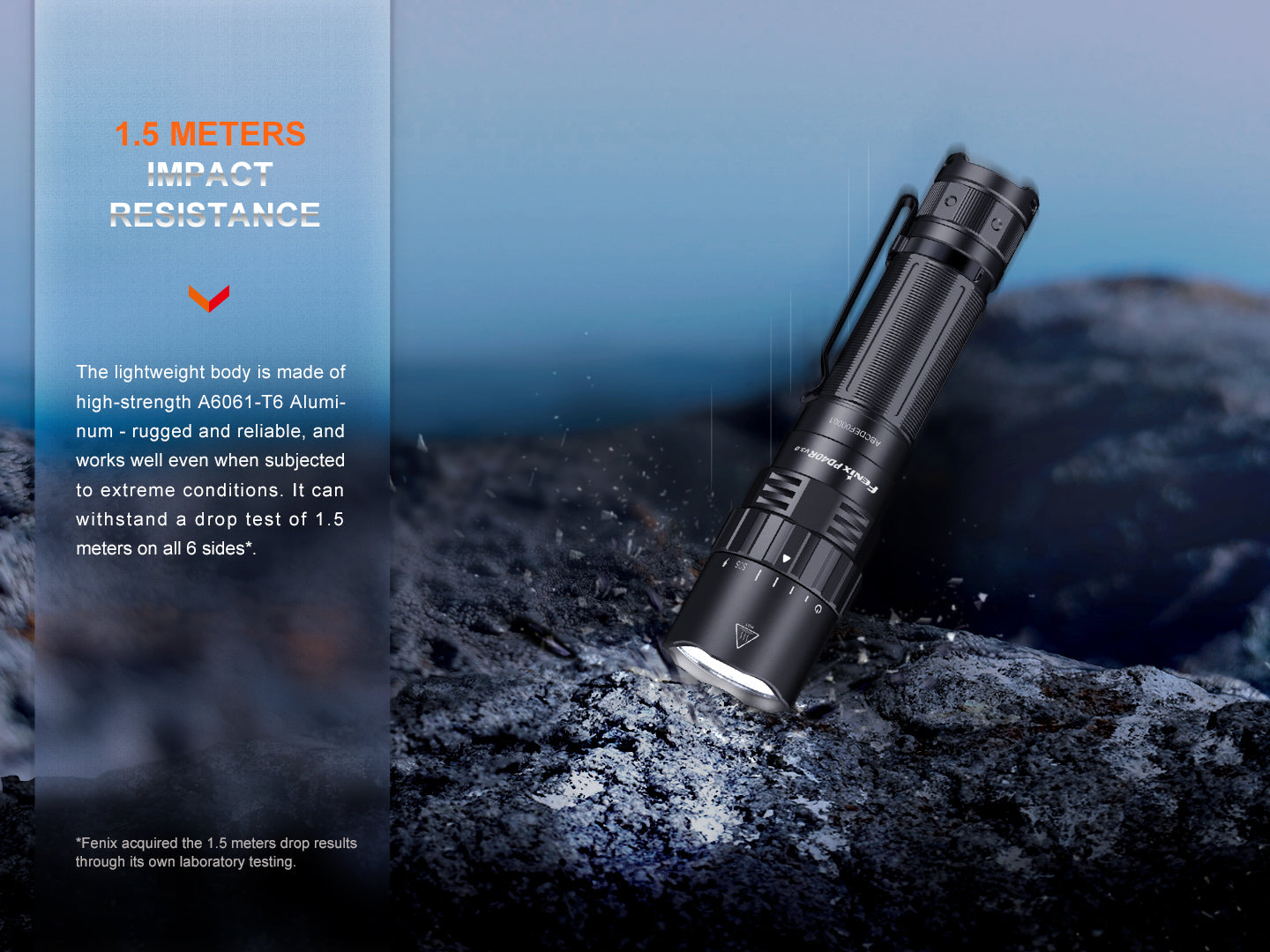 Fenix PD40R V3 rechargeable tactical flashlight with robust design and bright LED beam, positioned on a textured surface.