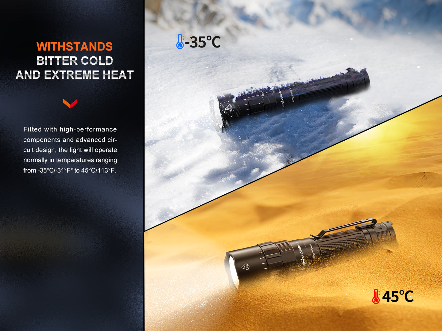 Fenix PD40R V3 tactical flashlight with rechargeable battery and robust design, showcasing its bright LED beam.