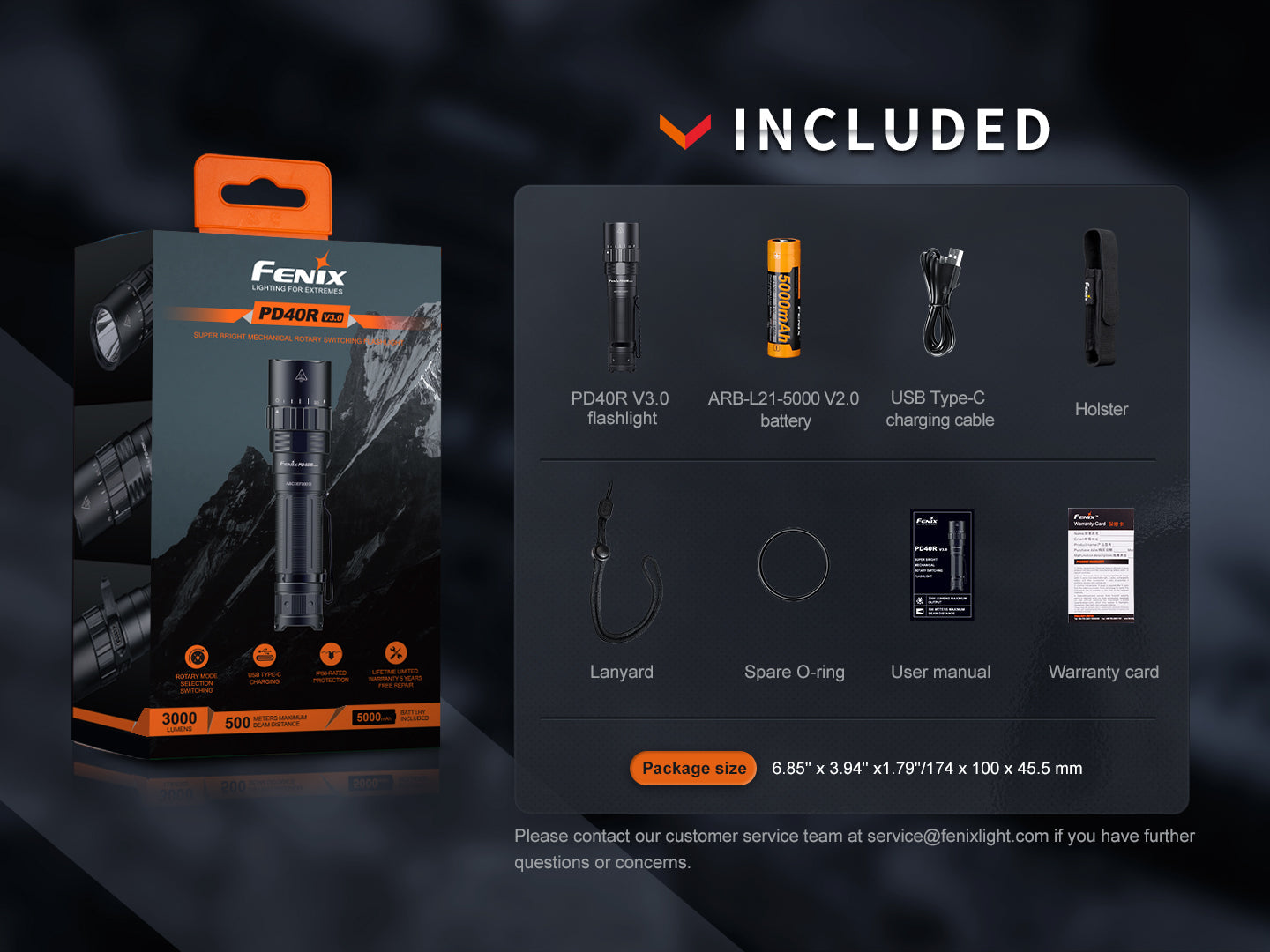 Fenix PD40R V3 rechargeable tactical flashlight with a sleek design and bright LED beam in a dark setting.