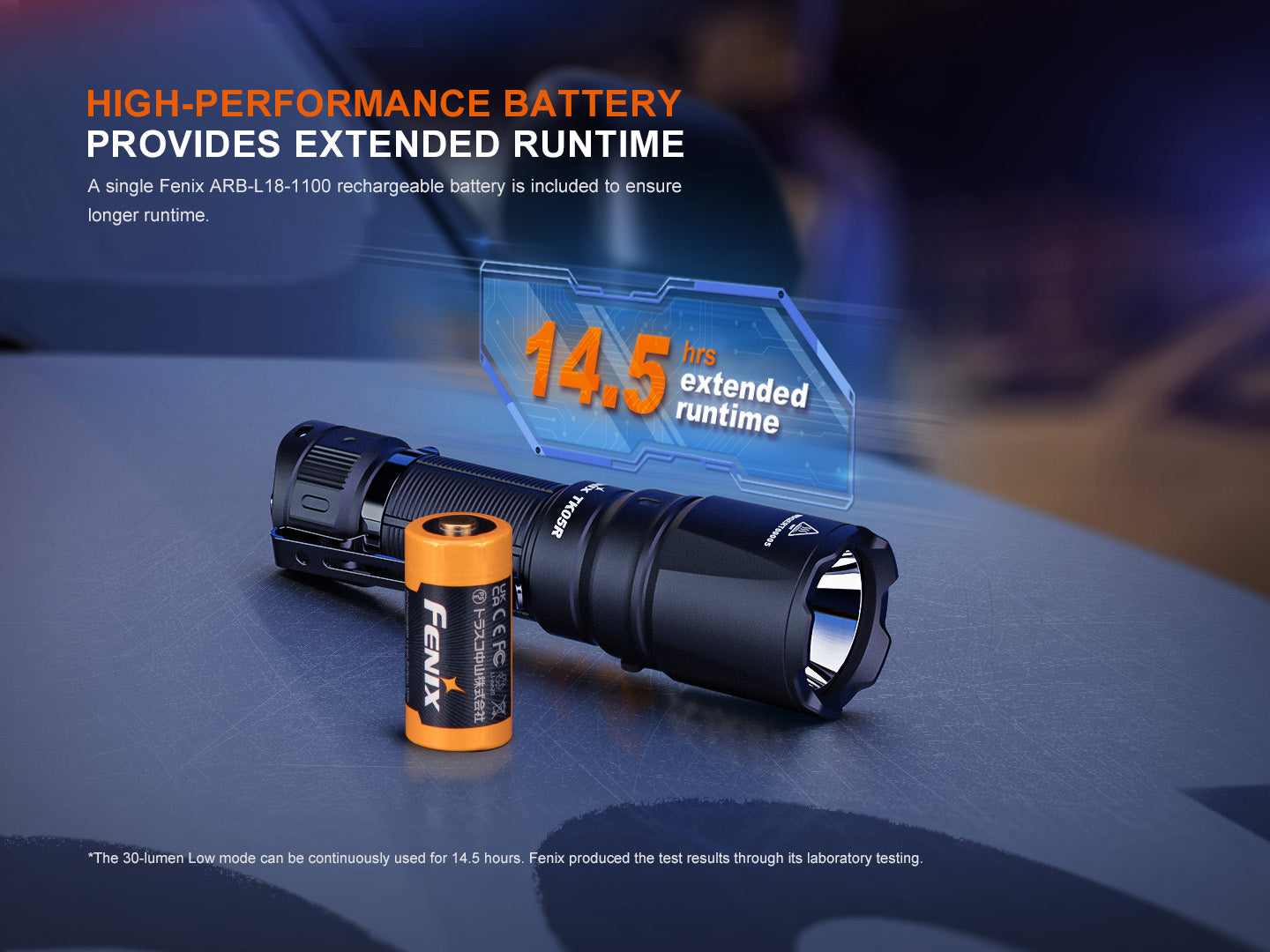 Fenix TK05R compact tactical EDC flashlight with battery, showing its sleek design and durable construction for everyday carry.
