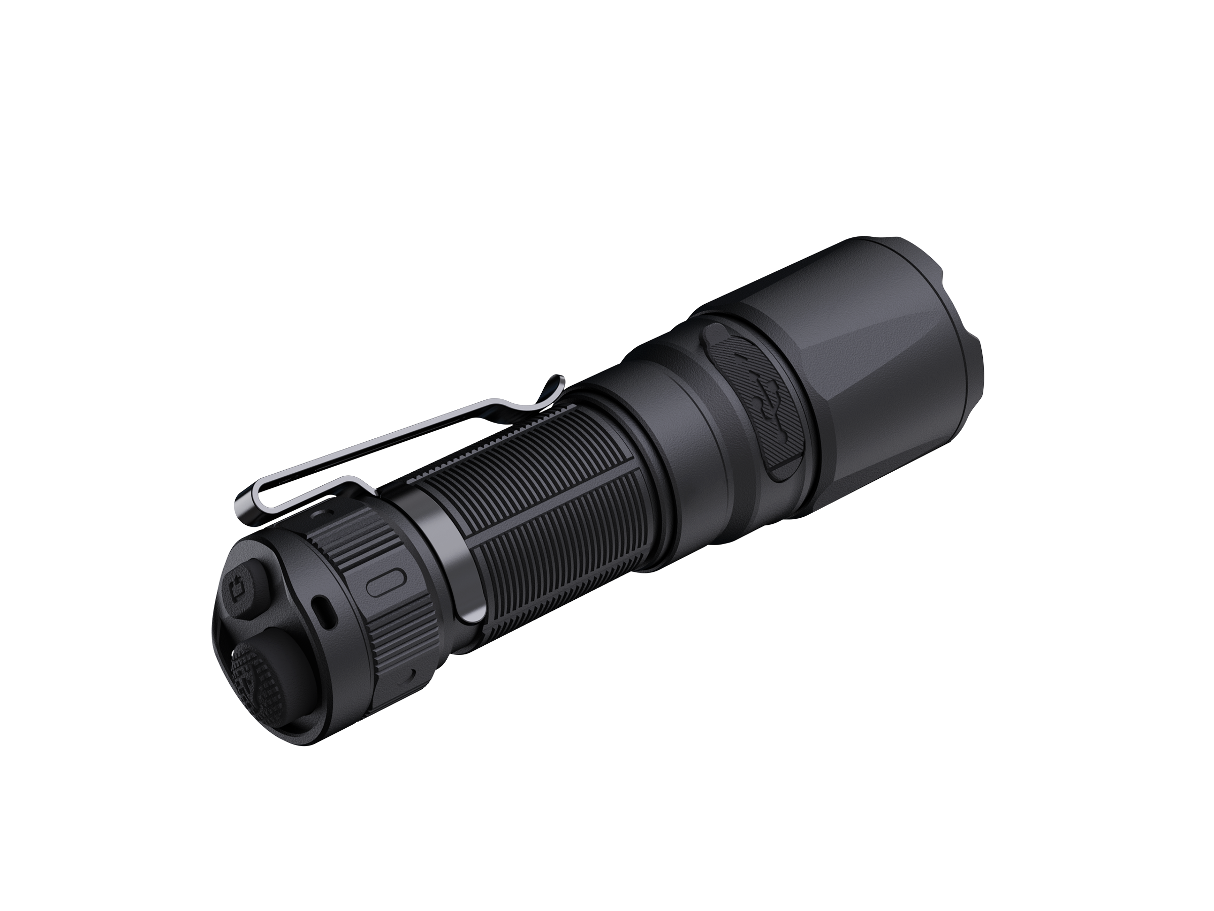 Fenix TK05R compact tactical EDC flashlight shown from the bottom rear, featuring its rugged design and tail switch.