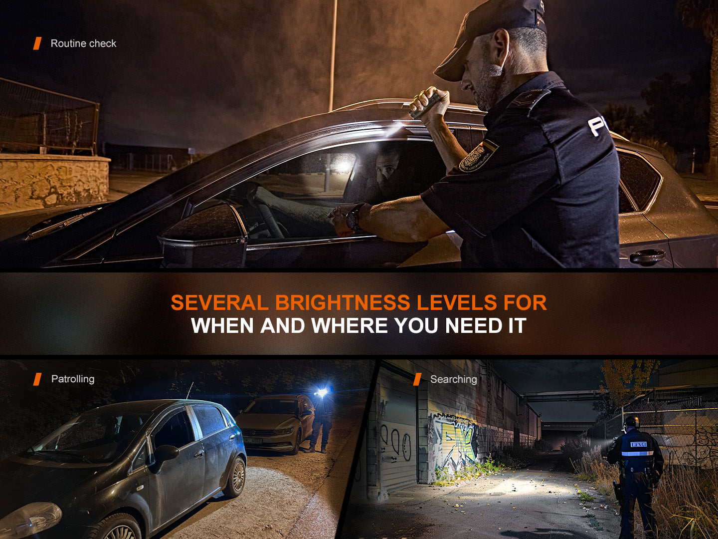 Fenix TK05R compact tactical EDC flashlight shining with bright beam, black body with textured grip for tactical use.