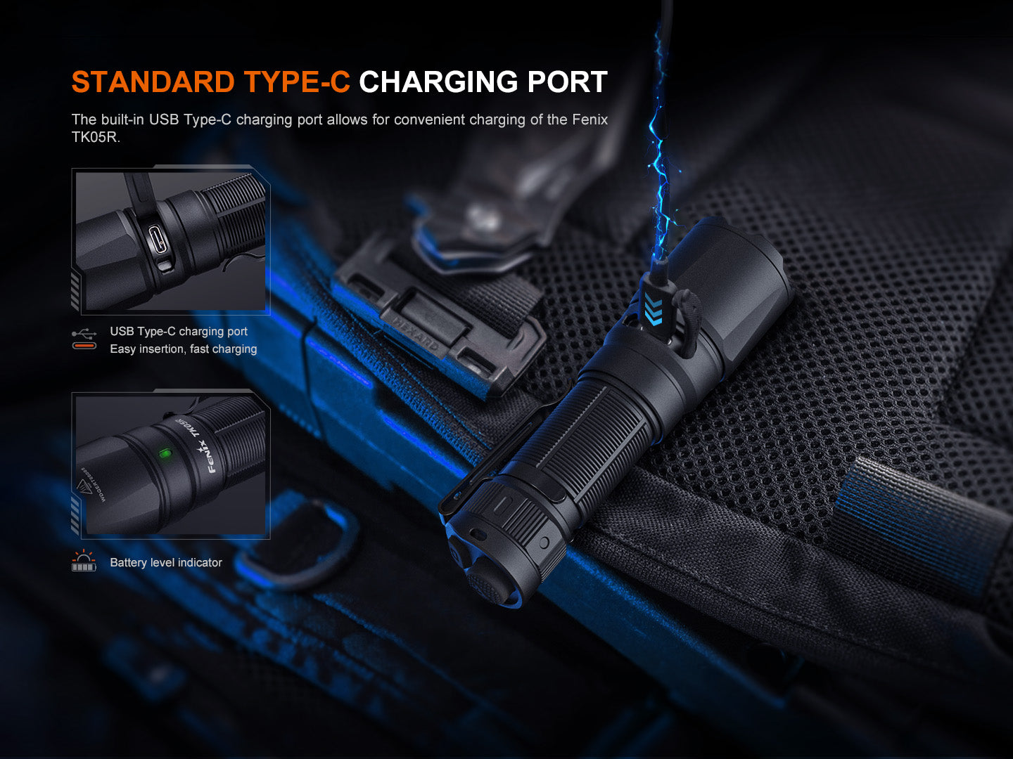 Fenix TK05R compact tactical EDC flashlight charging with USB port and textured grip for outdoor and everyday carry use.