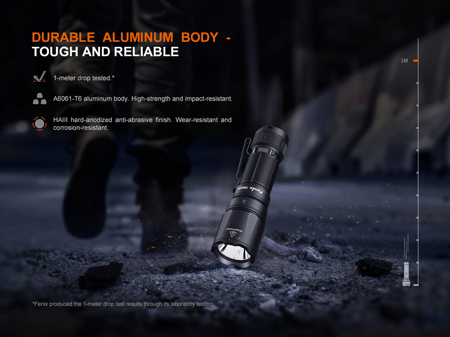Fenix TK05R compact tactical EDC flashlight undergoing a drop test, showcasing its durable design and portability.