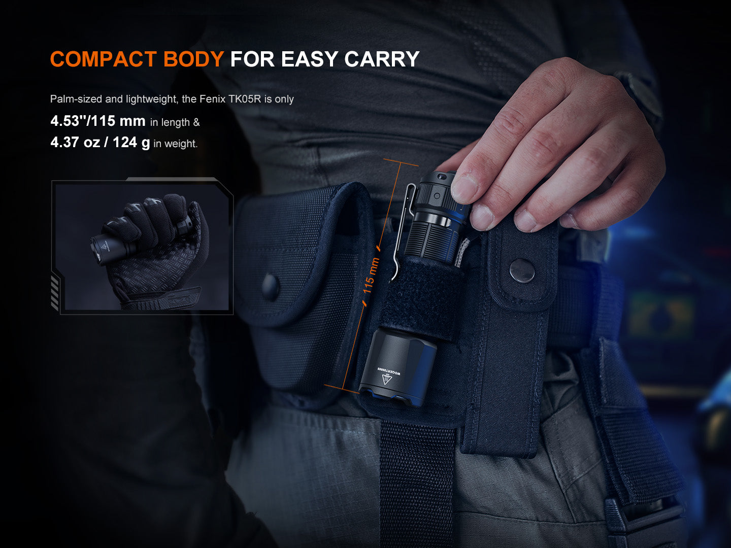 Fenix TK05R compact tactical EDC flashlight attached to a duty belt, featuring high-intensity beam and durable black body.