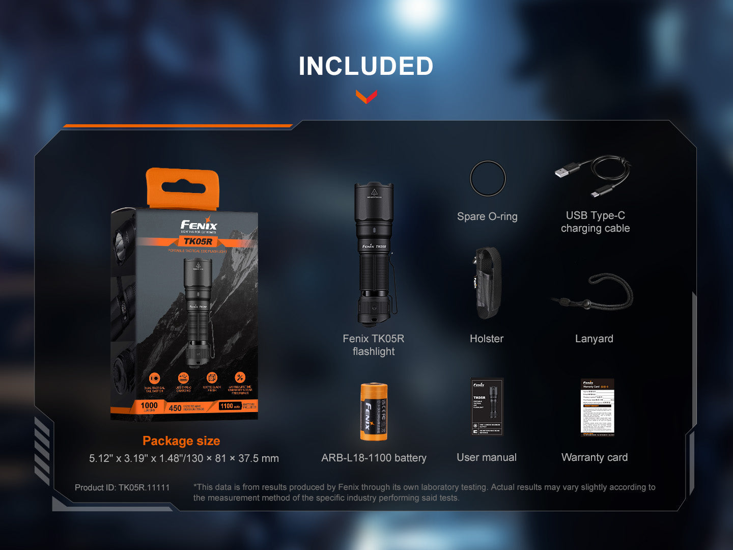 Fenix TK05R compact tactical EDC flashlight with black body, turned on, showcasing beam and ergonomic design.