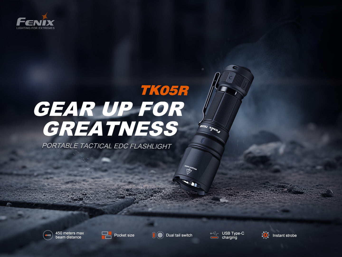 Fenix TK05R compact tactical EDC flashlight with black body, LED lens, and textured grip for outdoor and tactical use