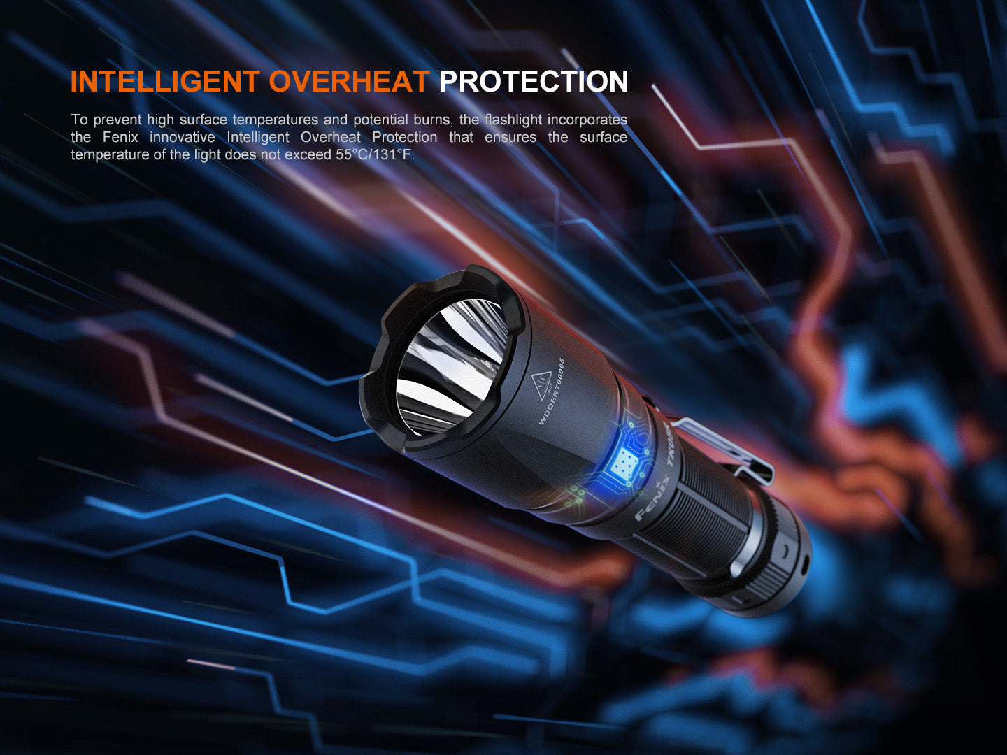 Fenix TK05R compact tactical EDC flashlight with overheat protection, black body, and textured grip for handheld use.
