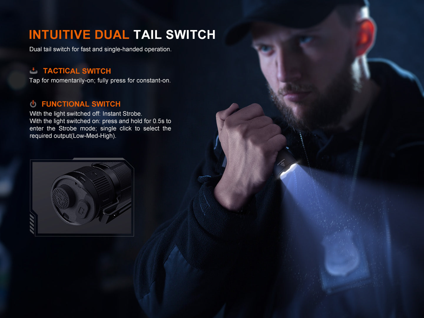 Fenix TK05R compact tactical EDC flashlight with tail switch, black body, and textured grip for outdoor and tactical use.