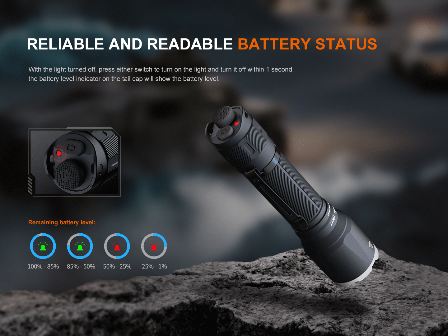 Fenix TK17 tactical flashlight displaying battery status with dual switch features illuminated in a dark setting.